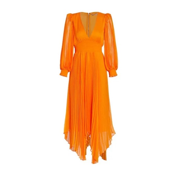 Alice + Olivia Sion Midi Sun Dress Sz 2 Tangerine Pleated Chiffon Puff Sleeves - Picture 3 of 7